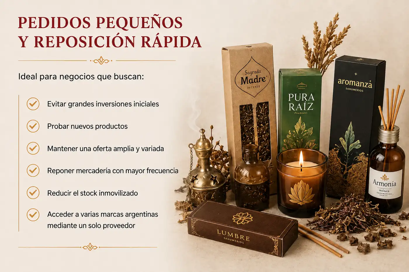 Pedidos pequeños y reposición rápida de sahumerios argentinos